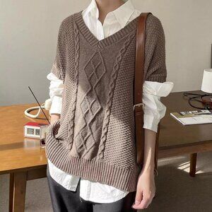 Coffee Brown Oversized Drop Shoulder Knitted Sweater Vest